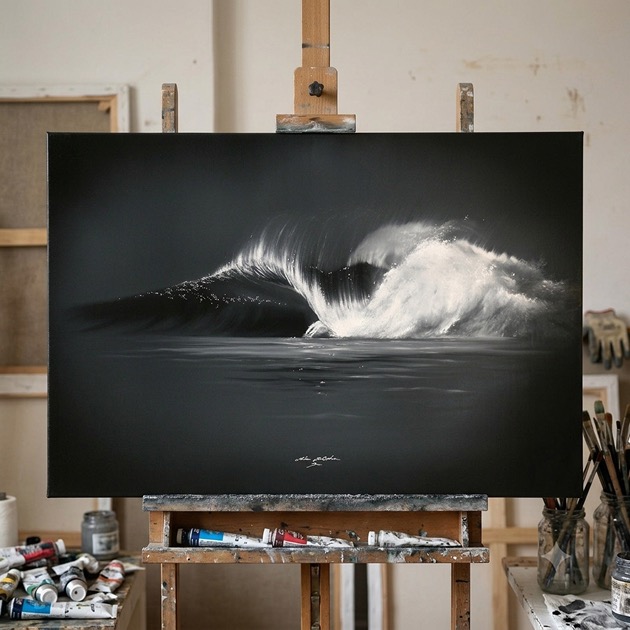 Peinture d'une vague en noir et blanc sur un chevalet